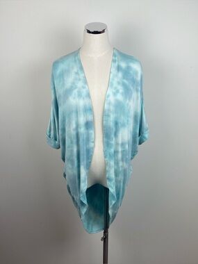 Almost Pink Blue White Tie Dye Bohemian Open Front Draped Cardigan Top